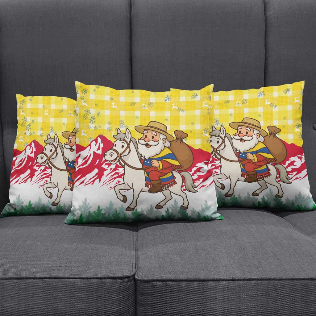 Venezuela Christmas Pillow Cover with Santa on Horse Traditional Outfit Snowflakes and Yellow Plaid - Wonder Print Shop