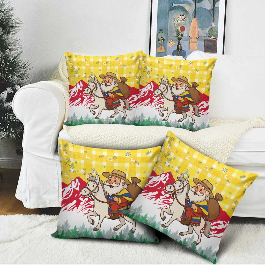 Venezuela Christmas Pillow Cover with Santa on Horse Traditional Outfit Snowflakes and Yellow Plaid - Wonder Print Shop