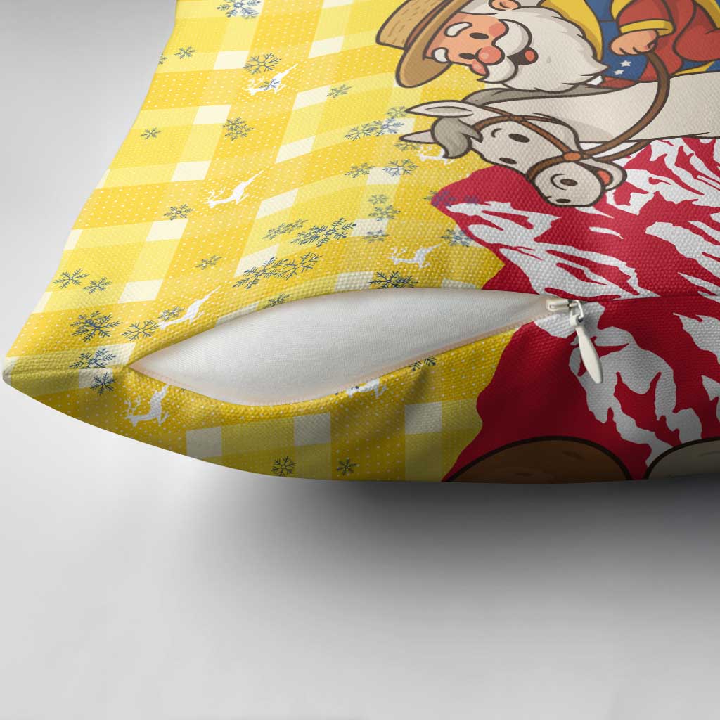 Venezuela Christmas Pillow Cover with Santa on Horse Traditional Outfit Snowflakes and Yellow Plaid - Wonder Print Shop