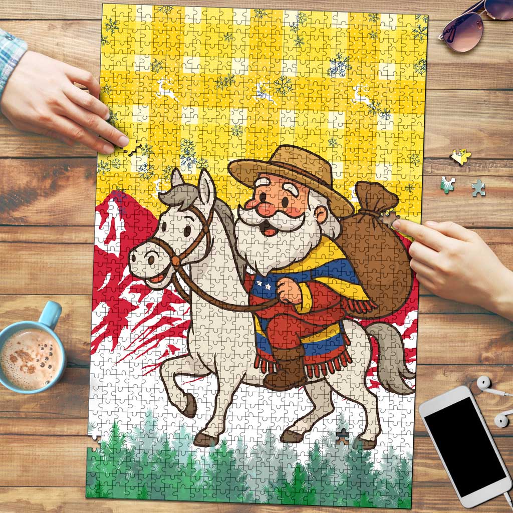 Venezuela Christmas Puzzle with Santa on Horse Traditional Outfit Snowflakes and Yellow Plaid - Wonder Print Shop