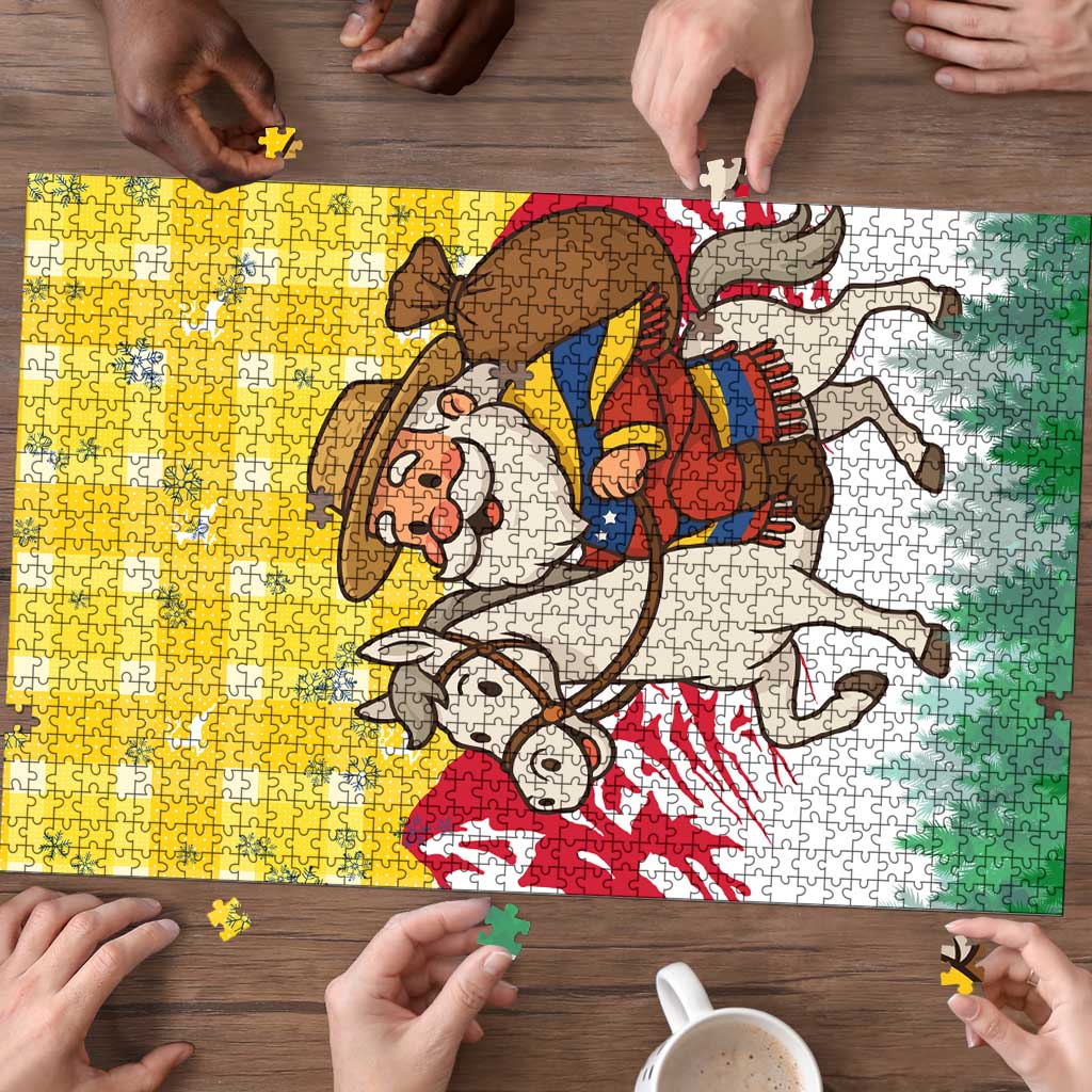 Venezuela Christmas Puzzle with Santa on Horse Traditional Outfit Snowflakes and Yellow Plaid - Wonder Print Shop