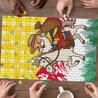 Venezuela Christmas Puzzle with Santa on Horse Traditional Outfit Snowflakes and Yellow Plaid - Wonder Print Shop