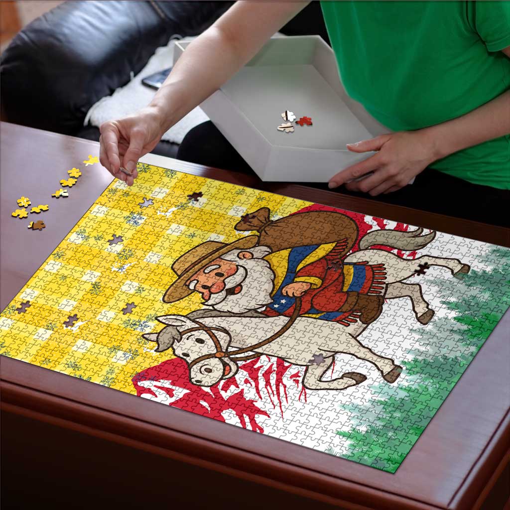 Venezuela Christmas Puzzle with Santa on Horse Traditional Outfit Snowflakes and Yellow Plaid - Wonder Print Shop