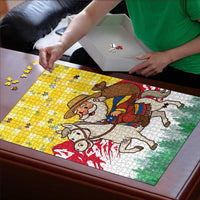 Venezuela Christmas Puzzle with Santa on Horse Traditional Outfit Snowflakes and Yellow Plaid - Wonder Print Shop