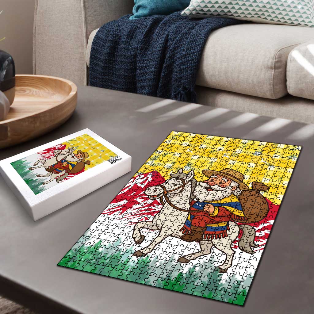 Venezuela Christmas Puzzle with Santa on Horse Traditional Outfit Snowflakes and Yellow Plaid - Wonder Print Shop