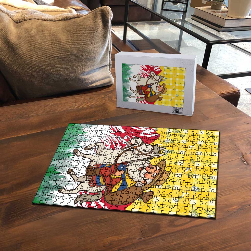 Venezuela Christmas Puzzle with Santa on Horse Traditional Outfit Snowflakes and Yellow Plaid - Wonder Print Shop