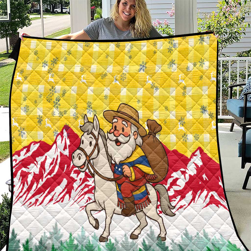 Venezuela Christmas Quilt with Santa on Horse Traditional Outfit Snowflakes and Yellow Plaid - Wonder Print Shop
