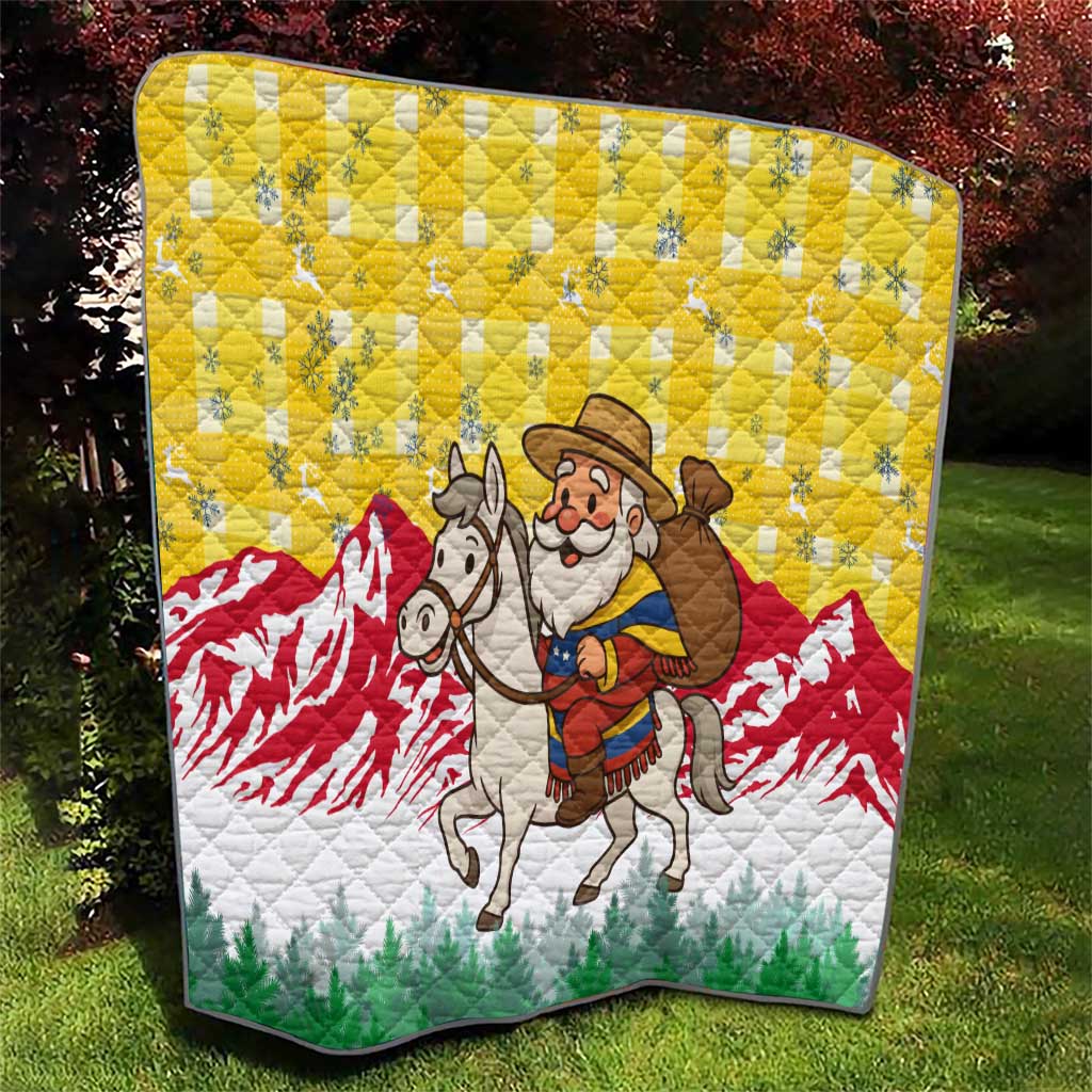 Venezuela Christmas Quilt with Santa on Horse Traditional Outfit Snowflakes and Yellow Plaid - Wonder Print Shop