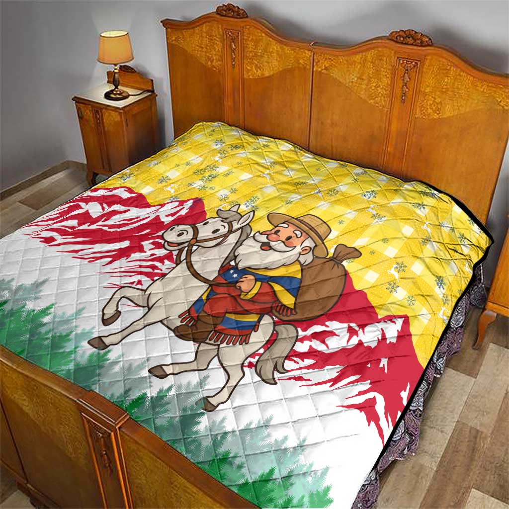 Venezuela Christmas Quilt with Santa on Horse Traditional Outfit Snowflakes and Yellow Plaid - Wonder Print Shop
