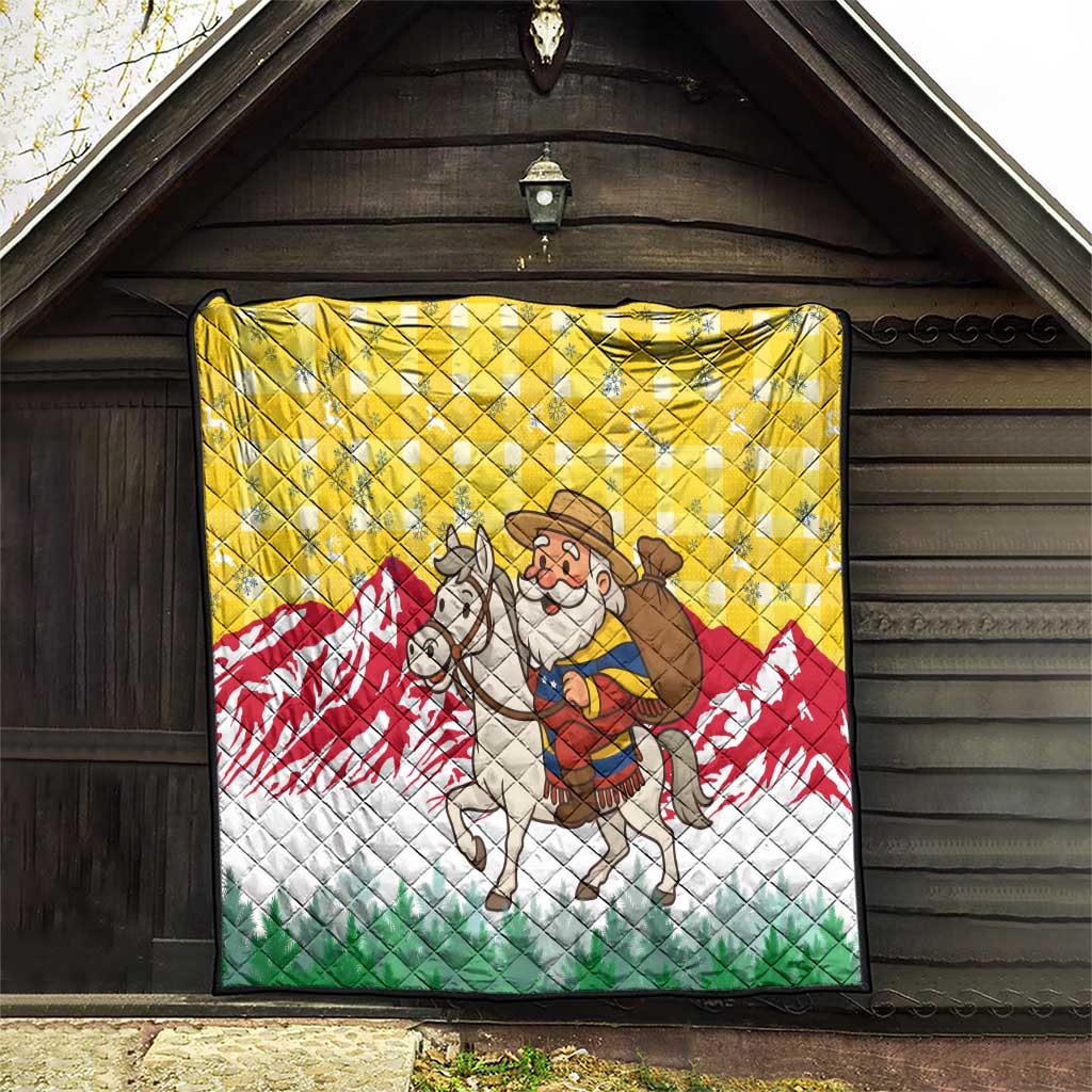 Venezuela Christmas Quilt with Santa on Horse Traditional Outfit Snowflakes and Yellow Plaid - Wonder Print Shop
