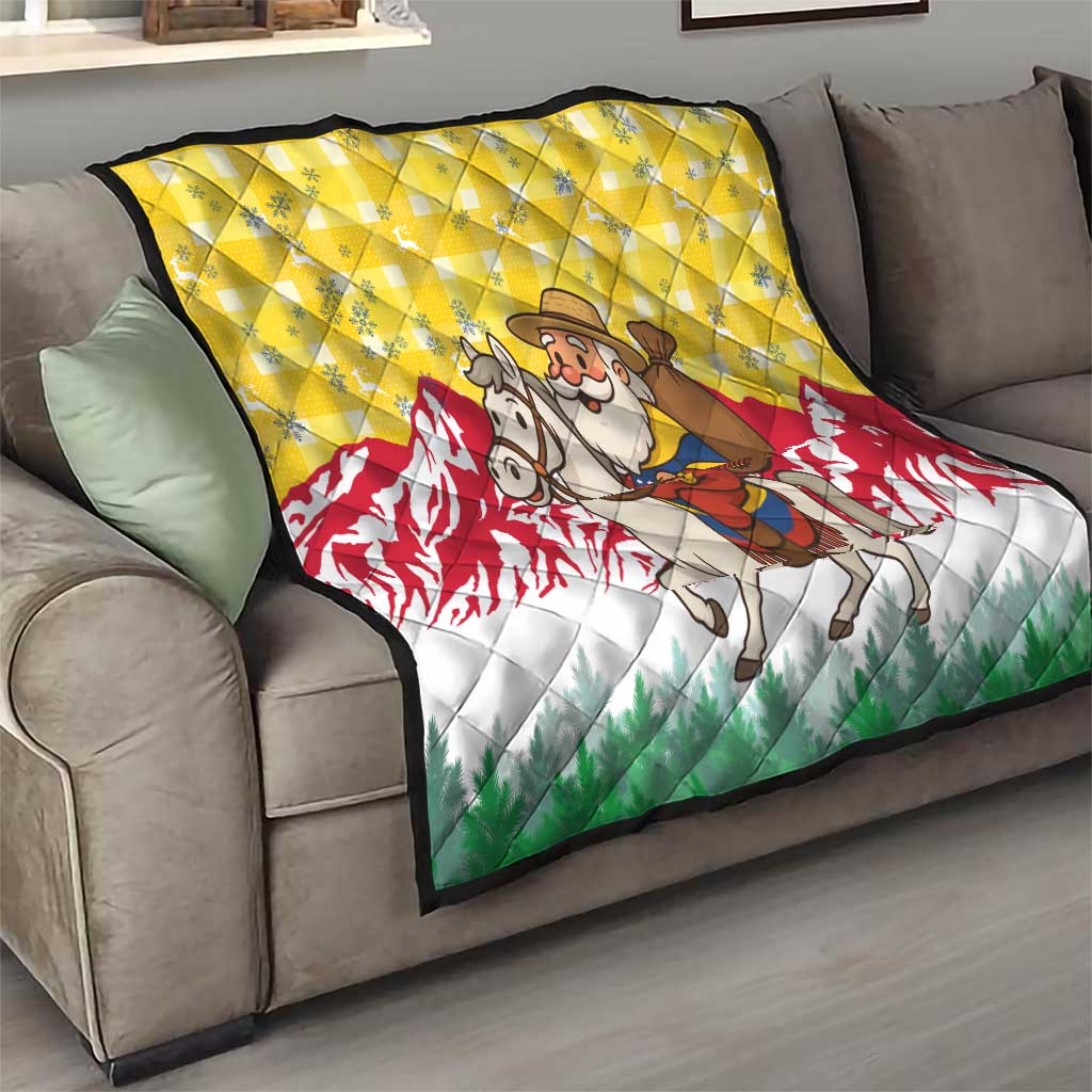 Venezuela Christmas Quilt with Santa on Horse Traditional Outfit Snowflakes and Yellow Plaid - Wonder Print Shop