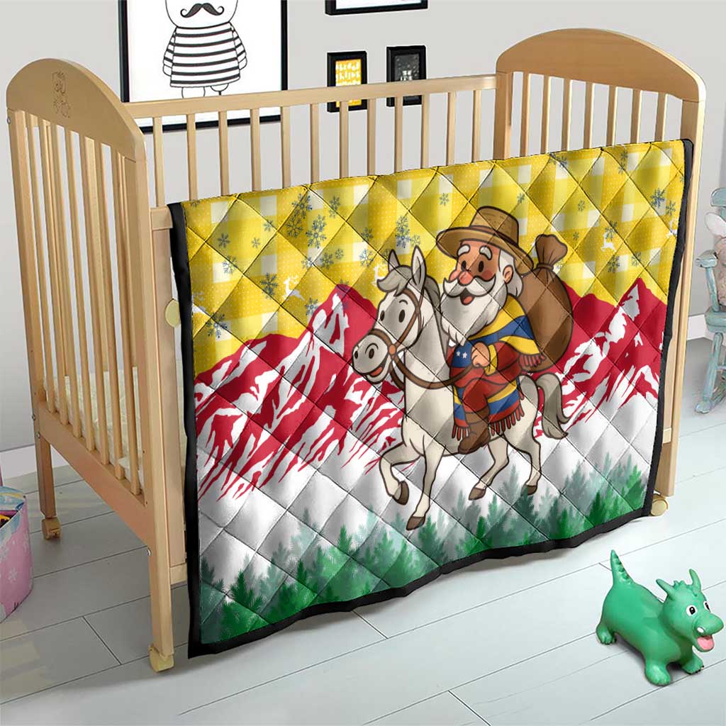 Venezuela Christmas Quilt with Santa on Horse Traditional Outfit Snowflakes and Yellow Plaid - Wonder Print Shop