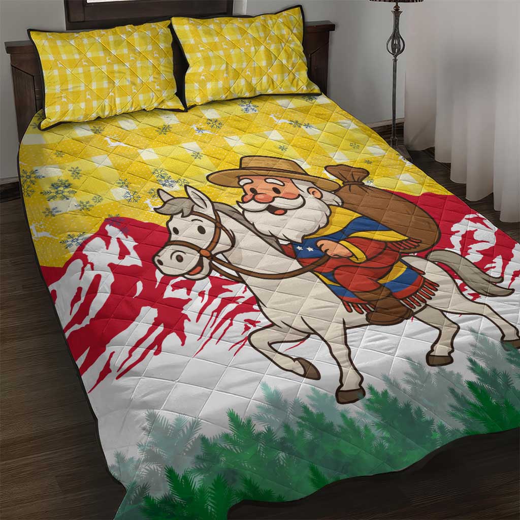 Venezuela Christmas Quilt Bed Set with Santa on Horse Traditional Outfit Snowflakes and Yellow Plaid - Wonder Print Shop