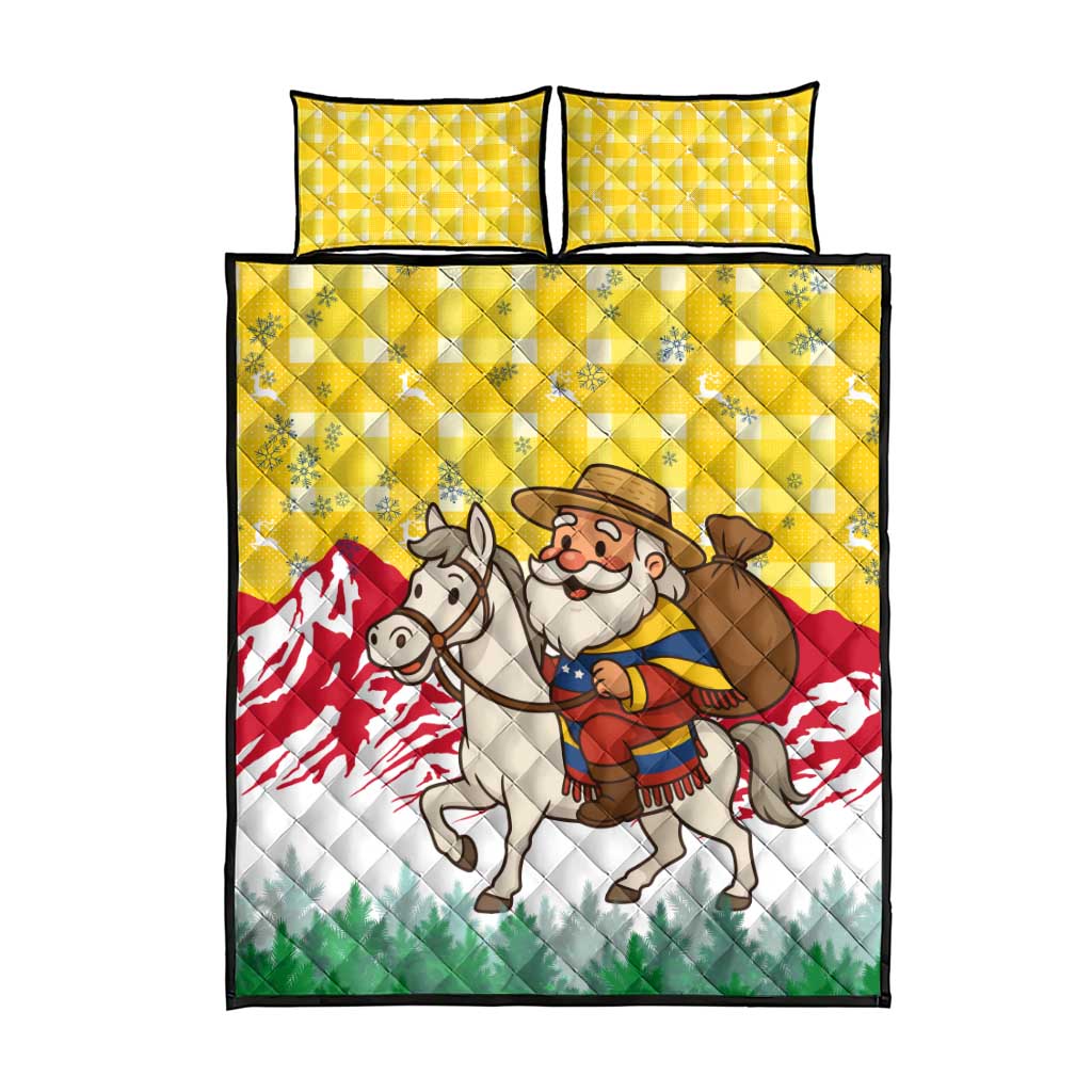 Venezuela Christmas Quilt Bed Set with Santa on Horse Traditional Outfit Snowflakes and Yellow Plaid - Wonder Print Shop