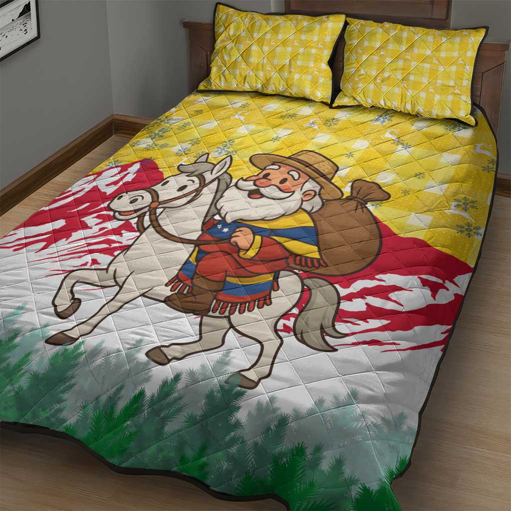 Venezuela Christmas Quilt Bed Set with Santa on Horse Traditional Outfit Snowflakes and Yellow Plaid - Wonder Print Shop