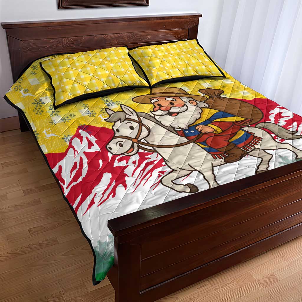 Venezuela Christmas Quilt Bed Set with Santa on Horse Traditional Outfit Snowflakes and Yellow Plaid - Wonder Print Shop