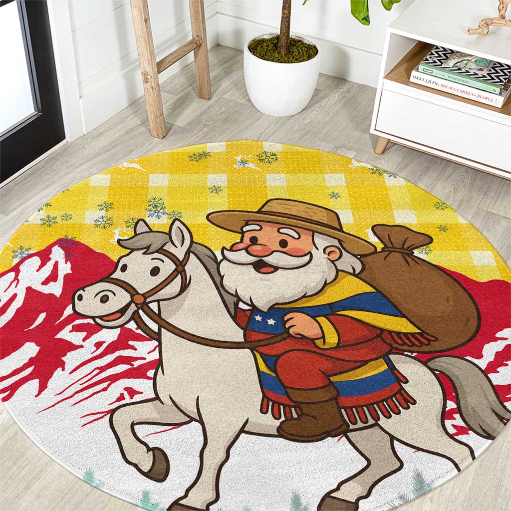 Venezuela Christmas Round Carpet with Santa on Horse Traditional Outfit Snowflakes and Yellow Plaid - Wonder Print Shop
