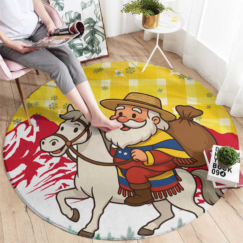 Venezuela Christmas Round Carpet with Santa on Horse Traditional Outfit Snowflakes and Yellow Plaid - Wonder Print Shop