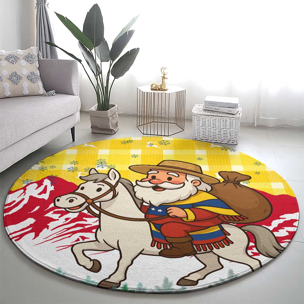 Venezuela Christmas Round Carpet with Santa on Horse Traditional Outfit Snowflakes and Yellow Plaid - Wonder Print Shop