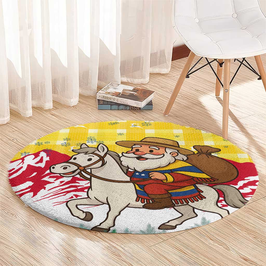 Venezuela Christmas Round Carpet with Santa on Horse Traditional Outfit Snowflakes and Yellow Plaid - Wonder Print Shop