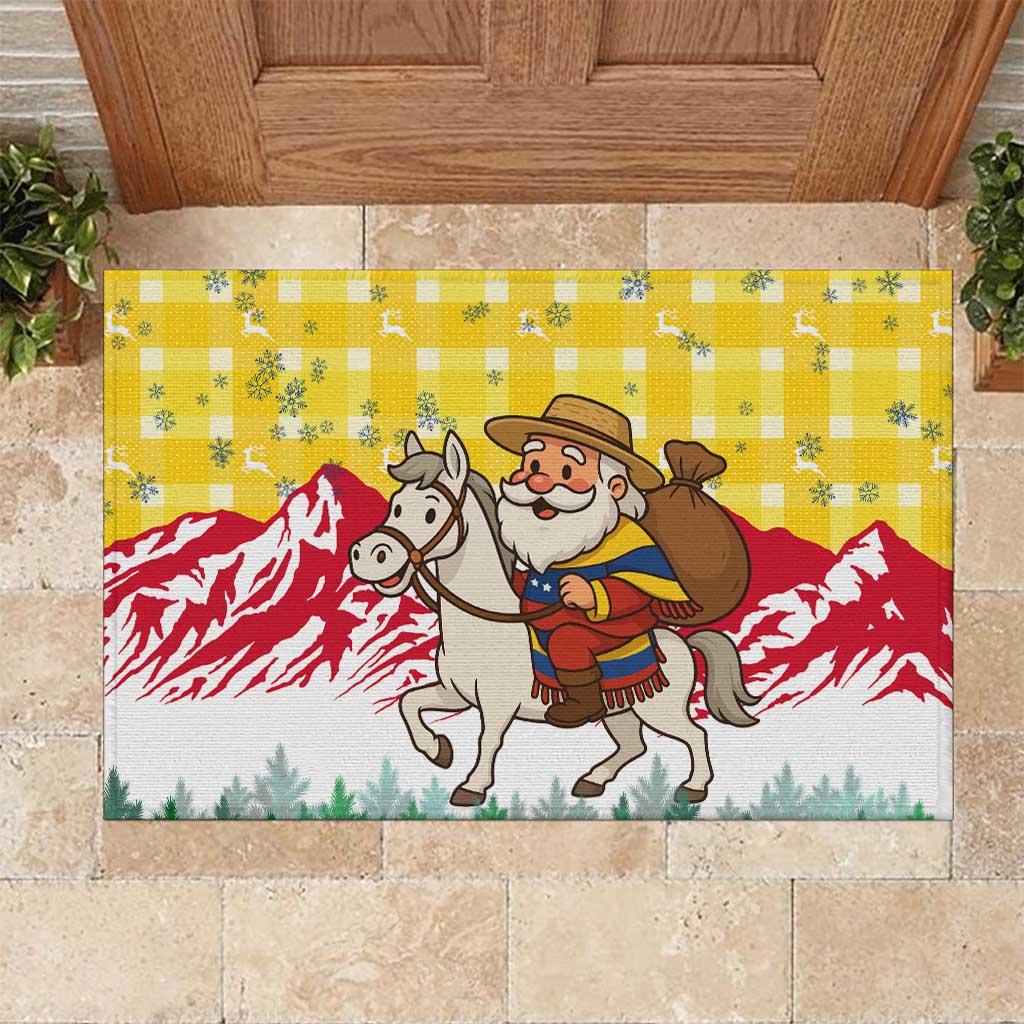 Venezuela Christmas Rubber Doormat with Santa on Horse Traditional Outfit Snowflakes and Yellow Plaid - Wonder Print Shop
