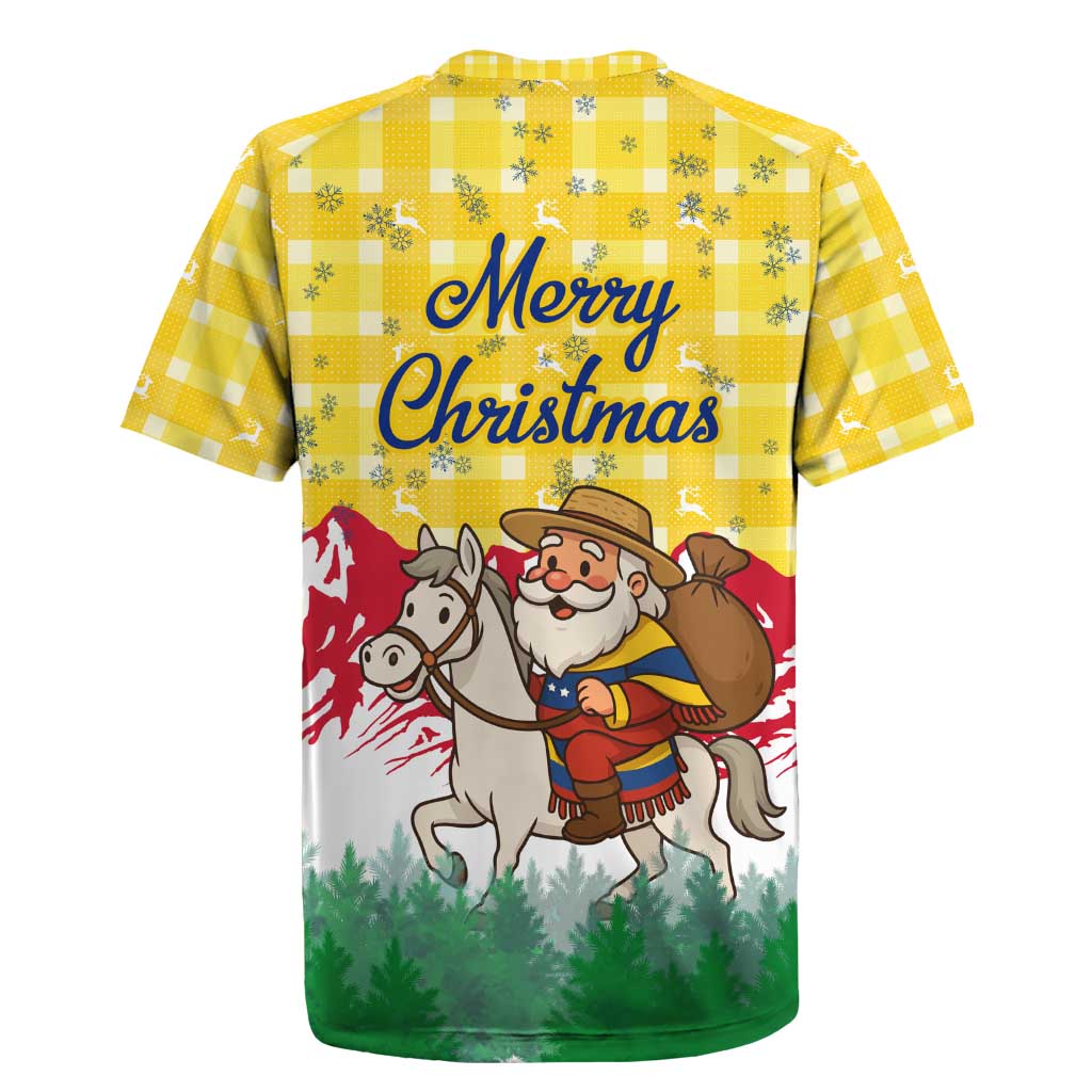 Venezuela Christmas Rugby Jersey with Santa on Horse Traditional Outfit Snowflakes and Yellow Plaid - Wonder Print Shop