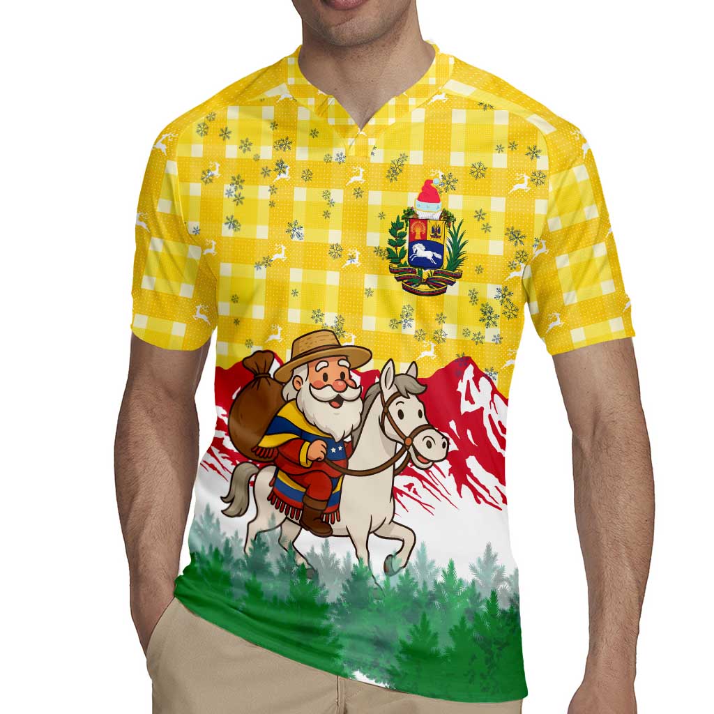 Venezuela Christmas Rugby Jersey with Santa on Horse Traditional Outfit Snowflakes and Yellow Plaid - Wonder Print Shop