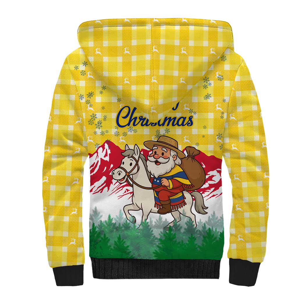 Venezuela Christmas Sherpa Hoodie with Santa on Horse Traditional Outfit Snowflakes and Yellow Plaid - Wonder Print Shop