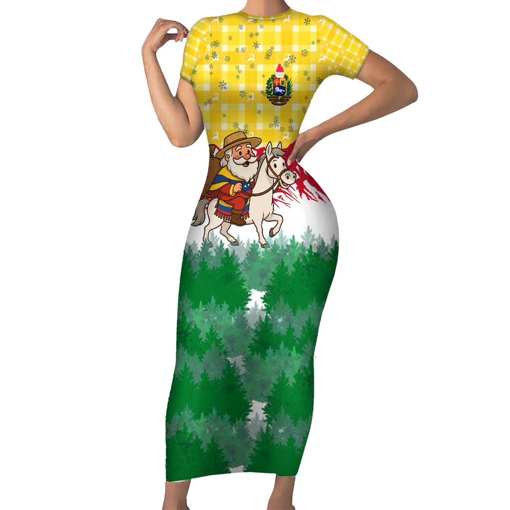 Venezuela Christmas Short Sleeve Bodycon Dress with Santa on Horse Traditional Outfit Snowflakes and Yellow Plaid - Wonder Print Shop