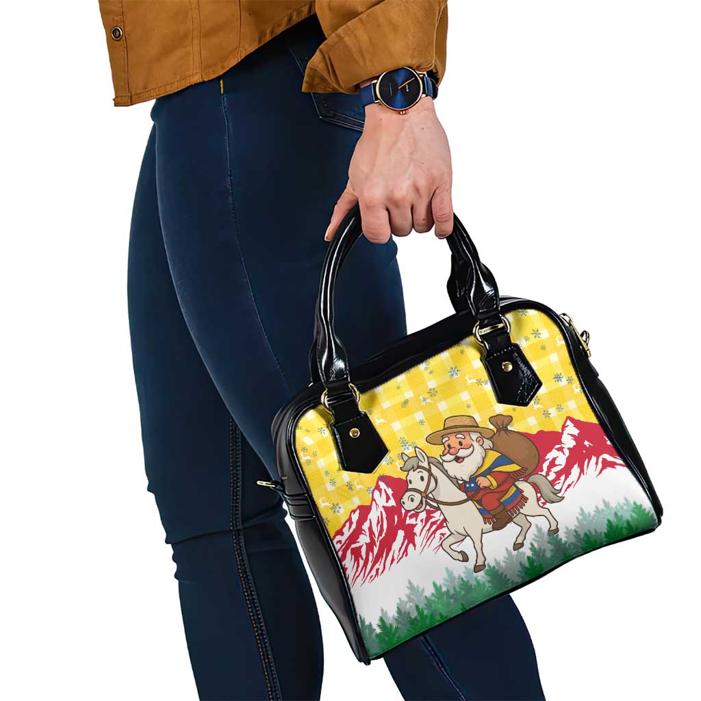 Venezuela Christmas Shoulder Handbag with Santa on Horse Traditional Outfit Snowflakes and Yellow Plaid - Wonder Print Shop