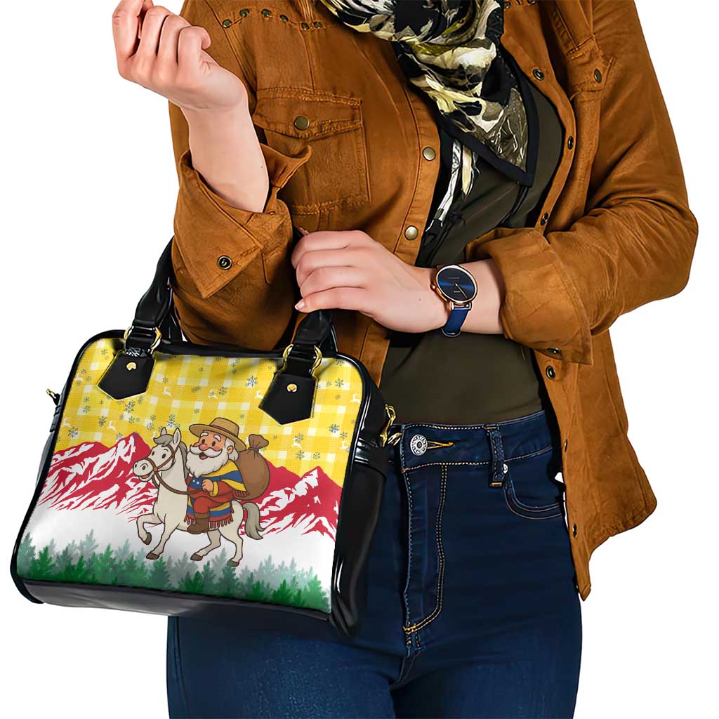 Venezuela Christmas Shoulder Handbag with Santa on Horse Traditional Outfit Snowflakes and Yellow Plaid - Wonder Print Shop