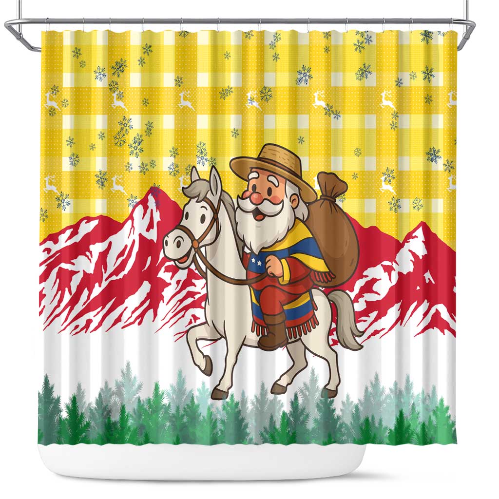 Venezuela Christmas Shower Curtain with Santa on Horse Traditional Outfit Snowflakes and Yellow Plaid - Wonder Print Shop