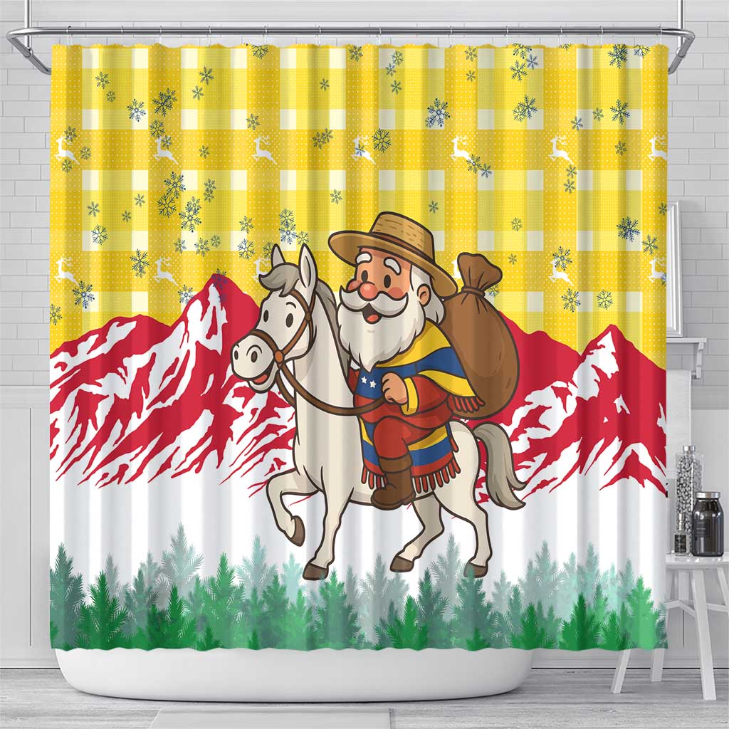Venezuela Christmas Shower Curtain with Santa on Horse Traditional Outfit Snowflakes and Yellow Plaid - Wonder Print Shop