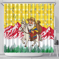 Venezuela Christmas Shower Curtain with Santa on Horse Traditional Outfit Snowflakes and Yellow Plaid - Wonder Print Shop