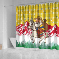 Venezuela Christmas Shower Curtain with Santa on Horse Traditional Outfit Snowflakes and Yellow Plaid - Wonder Print Shop