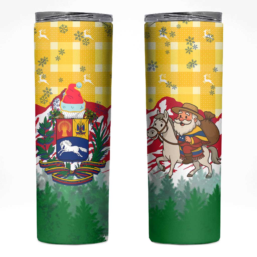 Venezuela Christmas Skinny Tumbler with Santa on Horse Traditional Outfit Snowflakes and Yellow Plaid - Wonder Print Shop