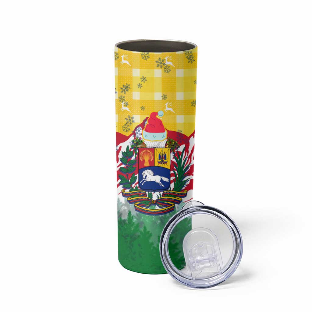 Venezuela Christmas Skinny Tumbler with Santa on Horse Traditional Outfit Snowflakes and Yellow Plaid - Wonder Print Shop