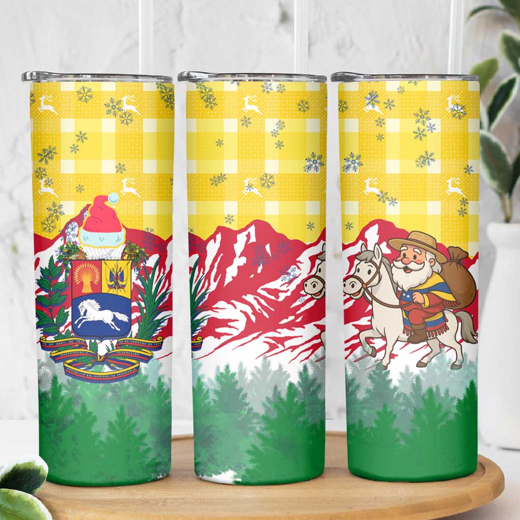 Venezuela Christmas Skinny Tumbler with Santa on Horse Traditional Outfit Snowflakes and Yellow Plaid - Wonder Print Shop