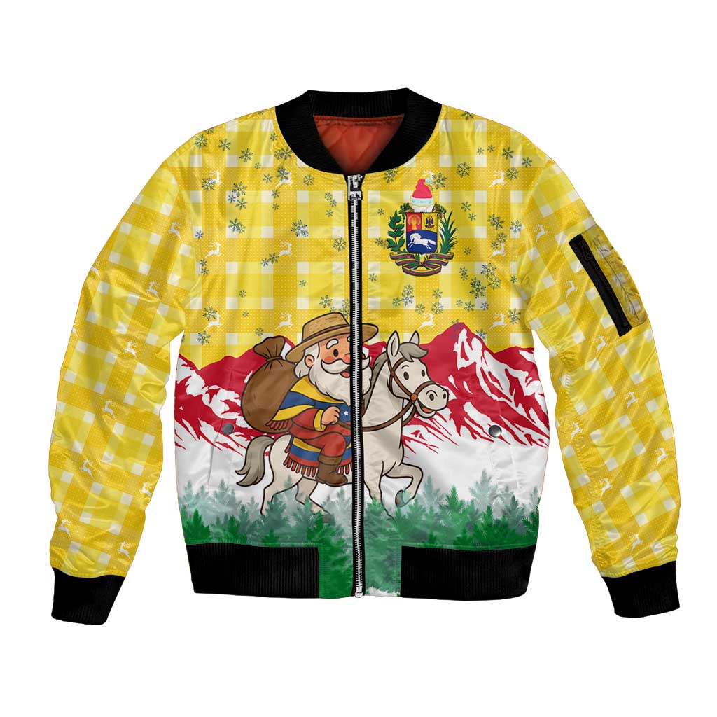 Venezuela Christmas Sleeve Zip Bomber Jacket with Santa on Horse Traditional Outfit Snowflakes and Yellow Plaid - Wonder Print Shop