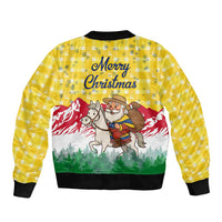 Venezuela Christmas Sleeve Zip Bomber Jacket with Santa on Horse Traditional Outfit Snowflakes and Yellow Plaid - Wonder Print Shop