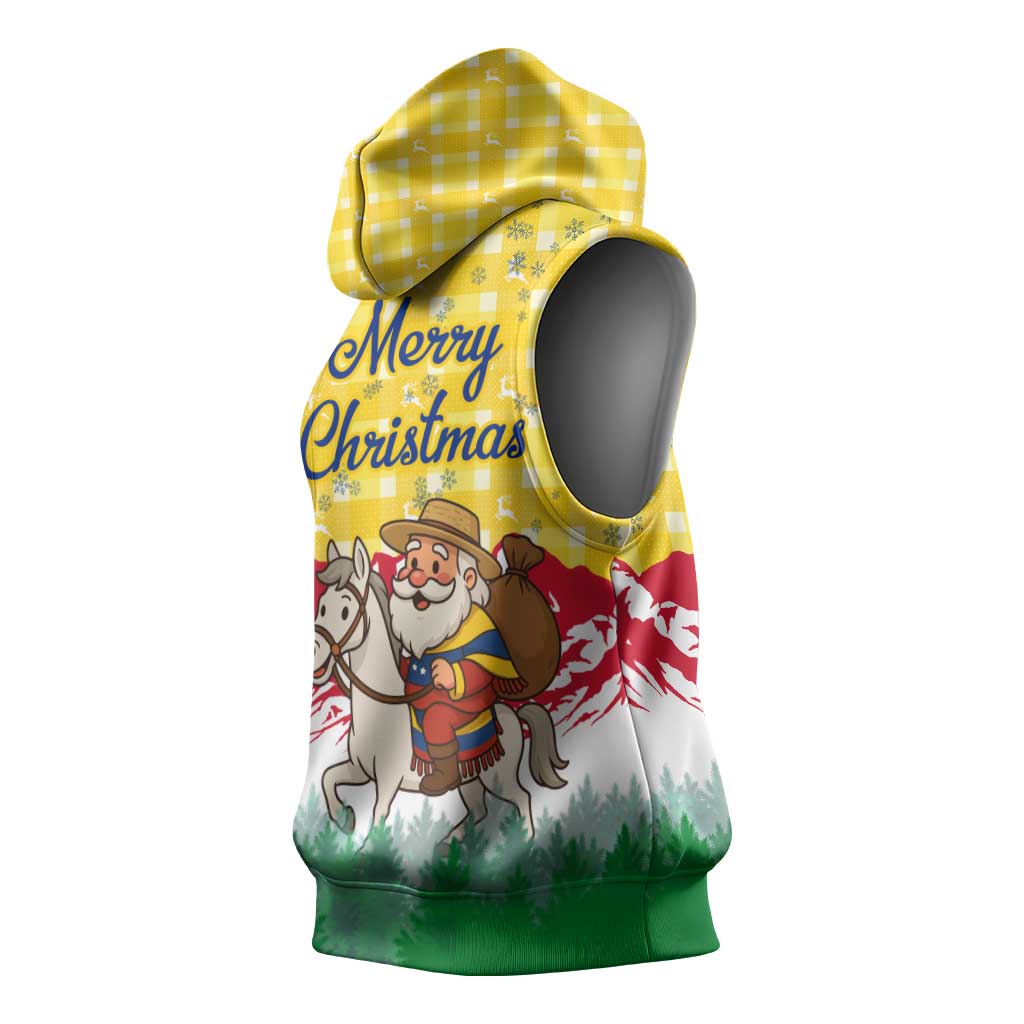 Venezuela Christmas Sleeveless Hoodie with Santa on Horse Traditional Outfit Snowflakes and Yellow Plaid - Wonder Print Shop