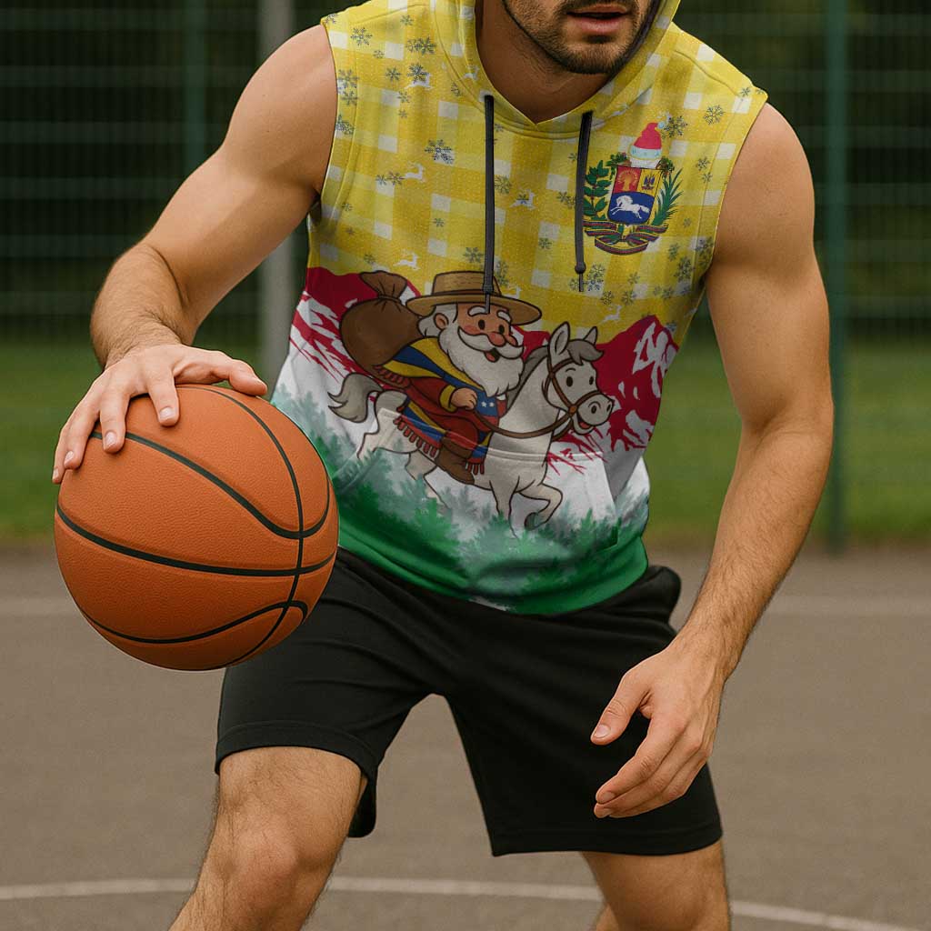 Venezuela Christmas Sleeveless Hoodie with Santa on Horse Traditional Outfit Snowflakes and Yellow Plaid - Wonder Print Shop