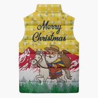 Venezuela Christmas Sleeveless Puffer Jacket with Santa on Horse Traditional Outfit Snowflakes and Yellow Plaid - Wonder Print Shop