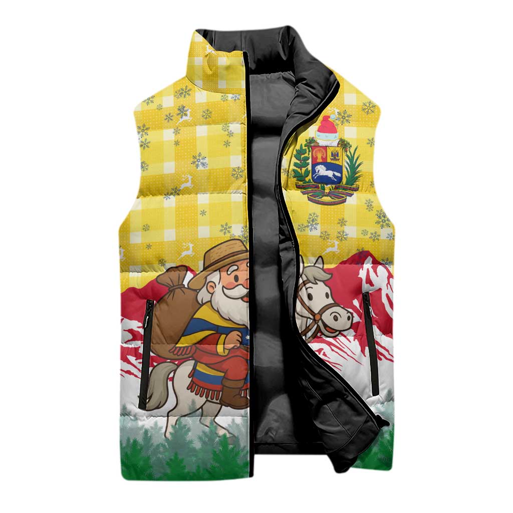 Venezuela Christmas Sleeveless Puffer Jacket with Santa on Horse Traditional Outfit Snowflakes and Yellow Plaid - Wonder Print Shop