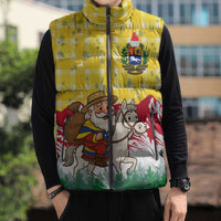 Venezuela Christmas Sleeveless Puffer Jacket with Santa on Horse Traditional Outfit Snowflakes and Yellow Plaid - Wonder Print Shop