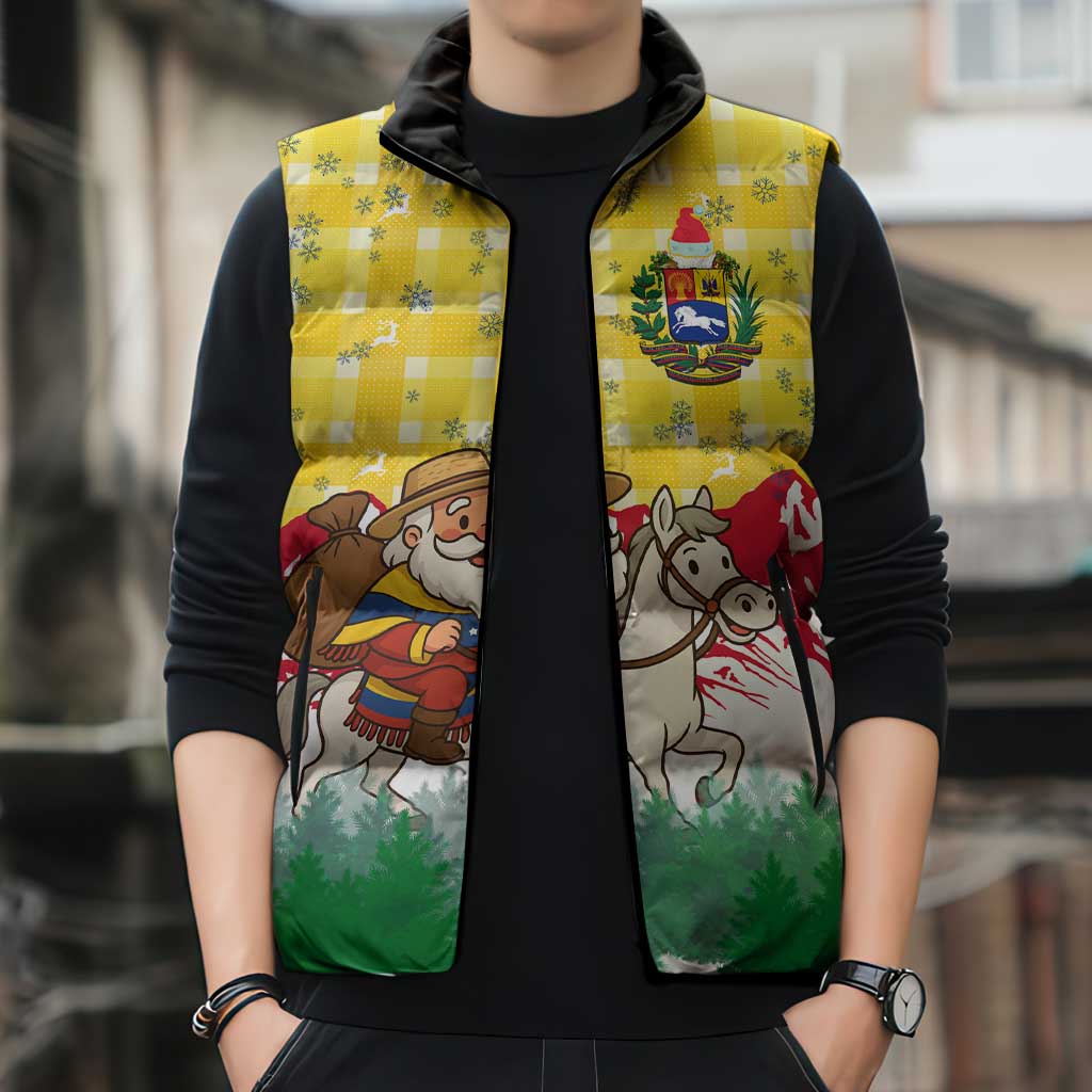 Venezuela Christmas Sleeveless Puffer Jacket with Santa on Horse Traditional Outfit Snowflakes and Yellow Plaid - Wonder Print Shop