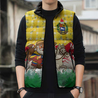 Venezuela Christmas Sleeveless Puffer Jacket with Santa on Horse Traditional Outfit Snowflakes and Yellow Plaid - Wonder Print Shop