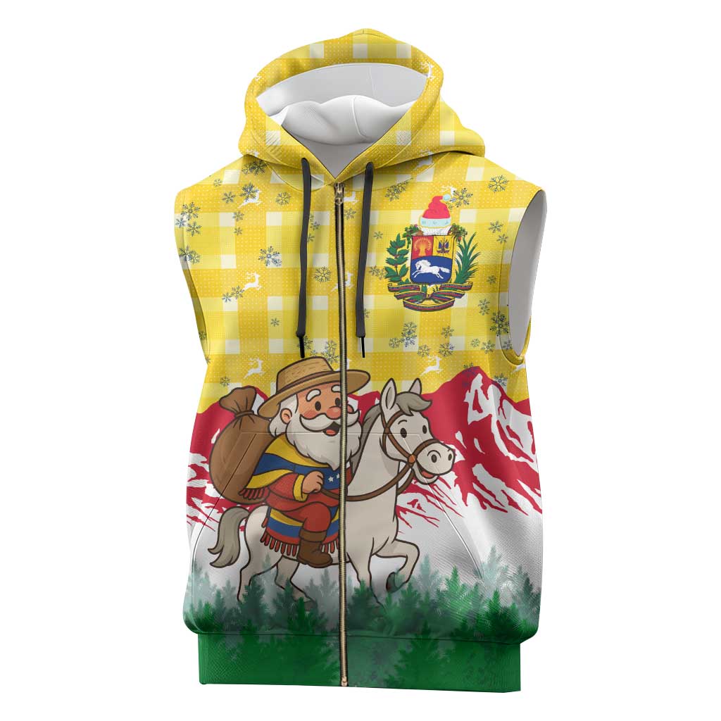 Venezuela Christmas Sleeveless Zip Hoodie with Santa on Horse Traditional Outfit Snowflakes and Yellow Plaid - Wonder Print Shop