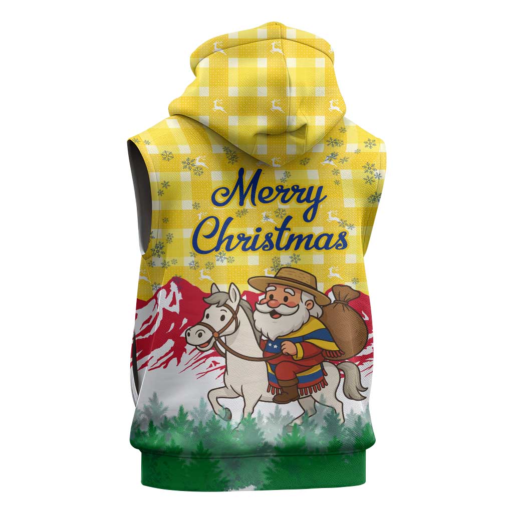 Venezuela Christmas Sleeveless Zip Hoodie with Santa on Horse Traditional Outfit Snowflakes and Yellow Plaid - Wonder Print Shop