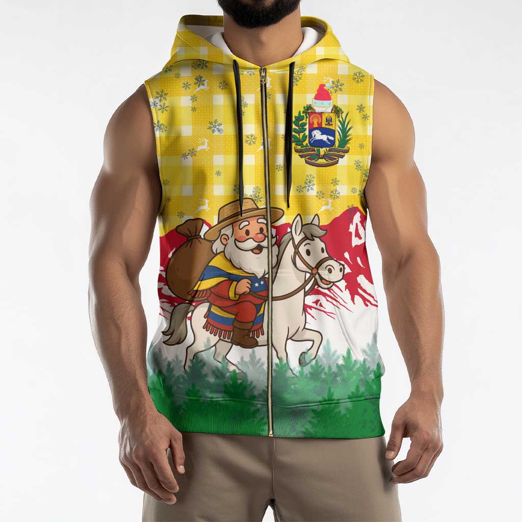 Venezuela Christmas Sleeveless Zip Hoodie with Santa on Horse Traditional Outfit Snowflakes and Yellow Plaid - Wonder Print Shop